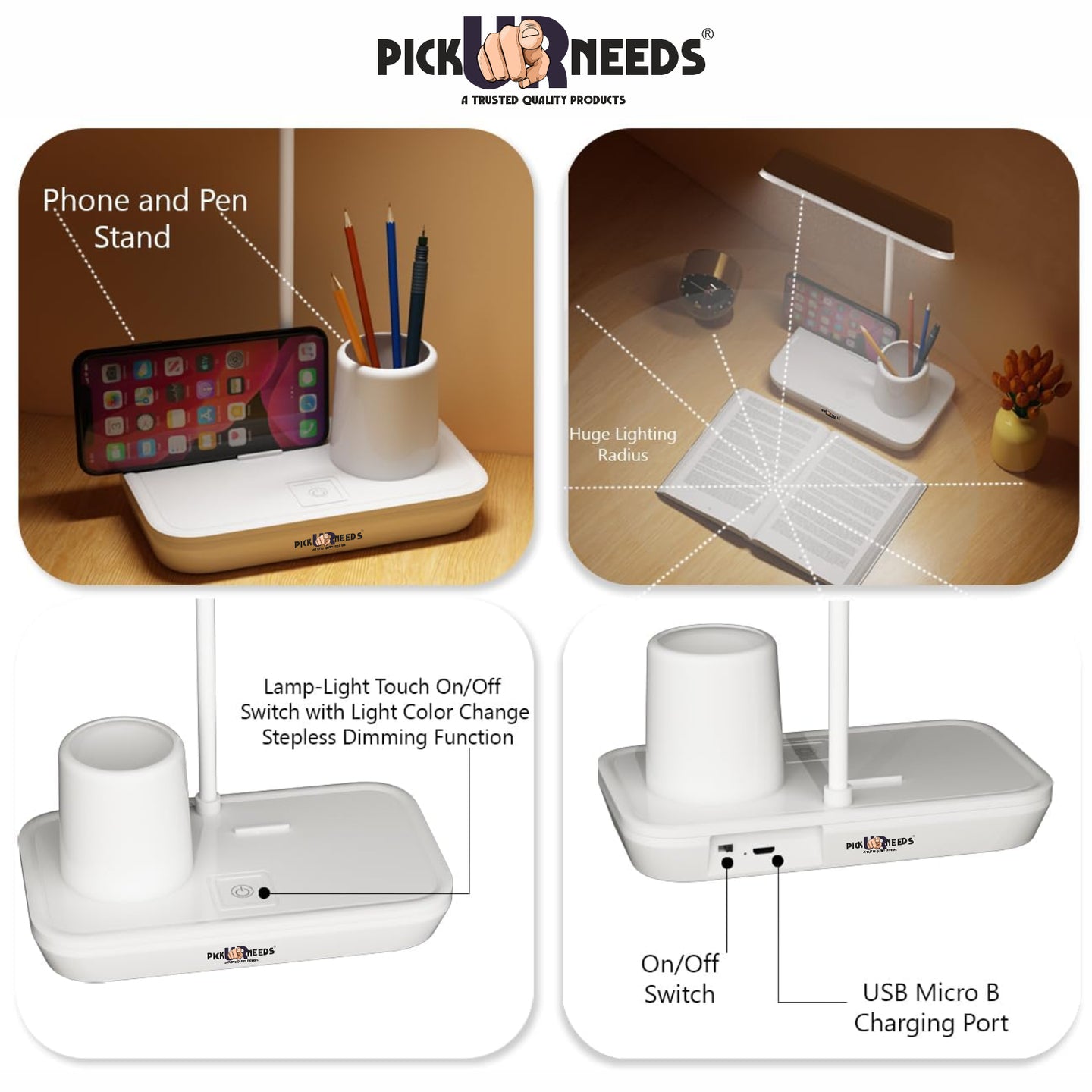 Pick Ur Needs LED Rechargeable Table Study Desk Lamp Reading Light with 3 Mode Dimming with Pen Holder, Phone Stand & USB Power